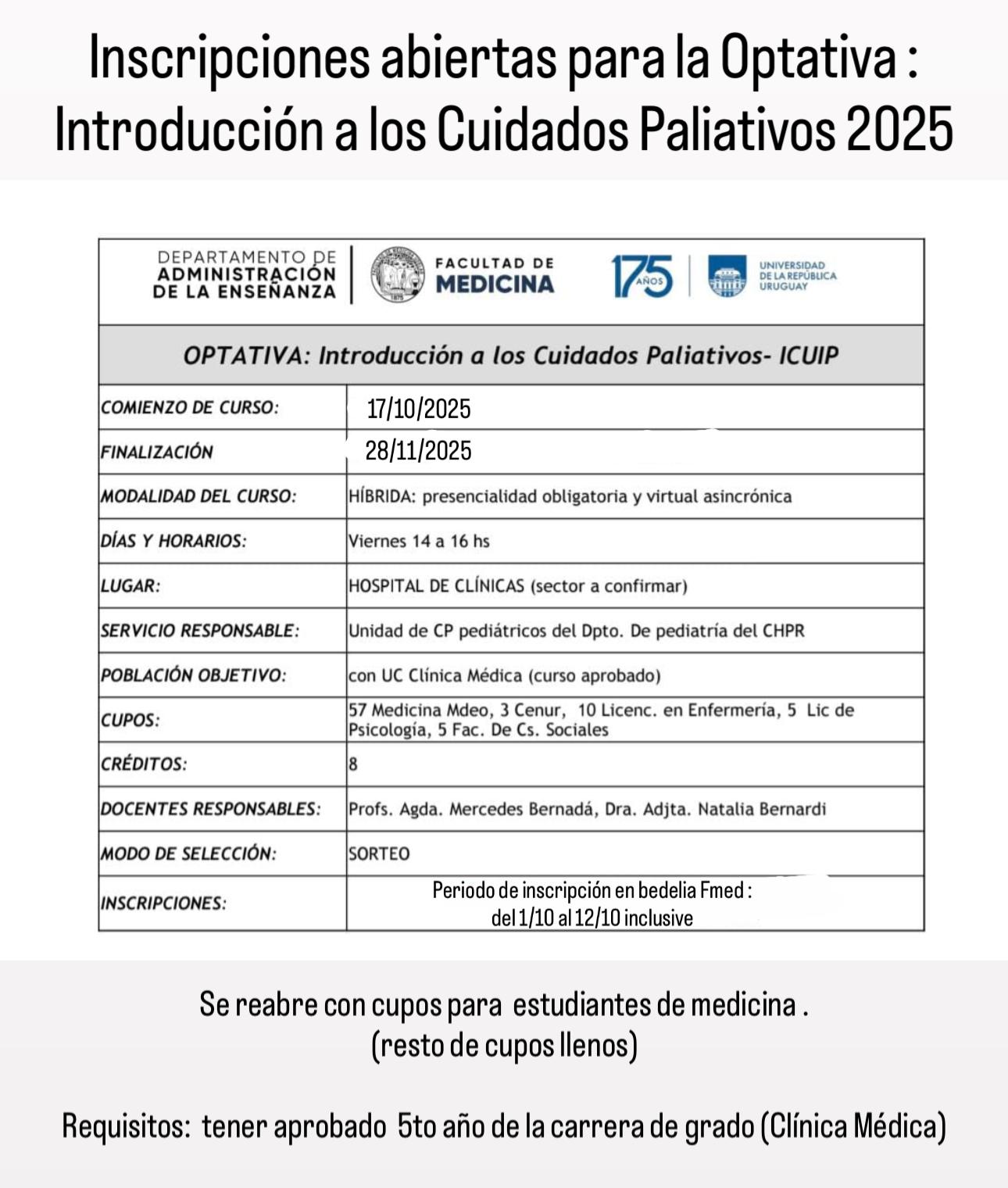 Inscripiones abiertas para la Optativa: Introducción a los Cuidados Paliativos