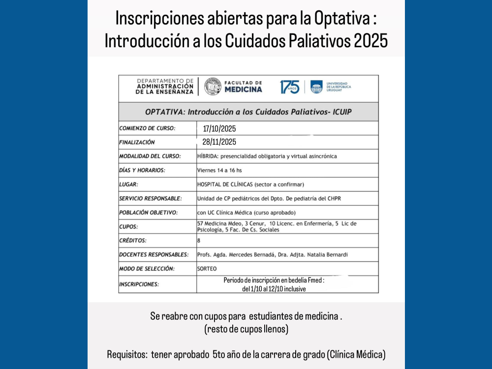 Inscripiones abiertas para la Optativa: Introducción a los Cuidados Paliativos
